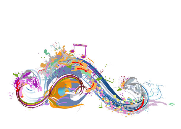 illustrazioni stock, clip art, cartoni animati e icone di tendenza di design musicale astratto con una chiave acuti e schizzi colorati, note e onde. - guitar celebration line art musical instrument