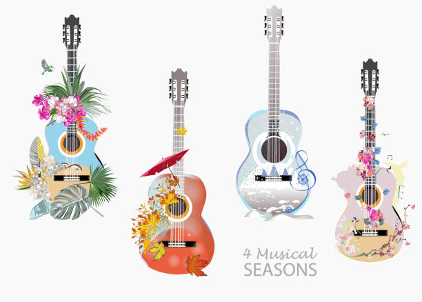 ilustrações de stock, clip art, desenhos animados e ícones de abstract guitars decorated with summer, autumn, winter and spring decorations: flowers, leaves, notes, birds. - guitar illustration and painting abstract pattern