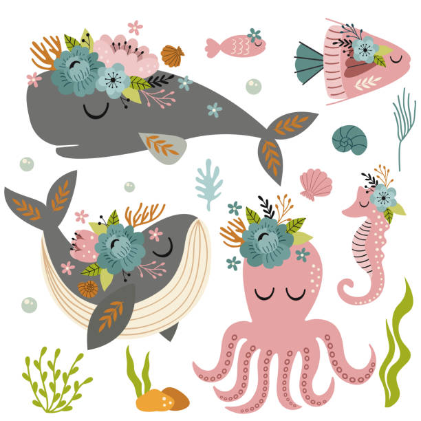 bildbanksillustrationer, clip art samt tecknat material och ikoner med set of isolated beautiful sea animals with flowers - baby swim under water