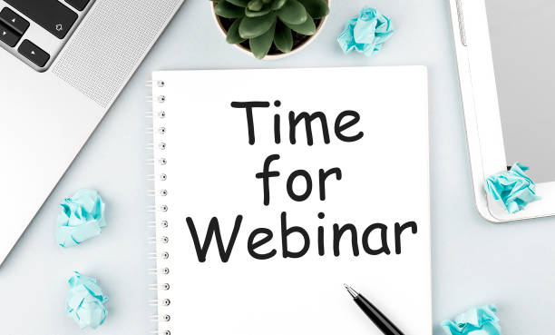 istock Text TIME FOR WEBINAR on notebook, laptop, tablet. Business concept. Flat lay. 1330101670