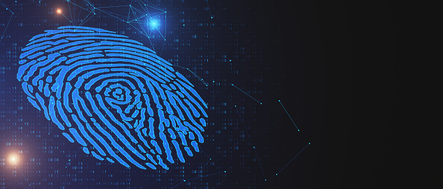 Abstract glowing blue fingerprint on dark background with mock up place. Biometrics and id concept. 3D Rendering