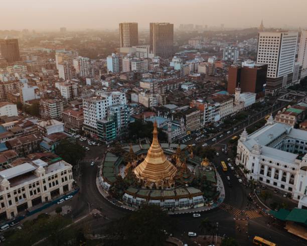 Sule, Yangon Downtown District Aerial View Aerial view of Sule, Yangon downtown district, Myanmar, Yangon sule pagoda stock pictures, royalty-free photos & images