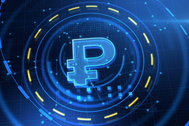istock Creative ruble icon hologram on dark blue background. Cryptocurrency and online banking concept concept. 3D Rendering. 1330103686