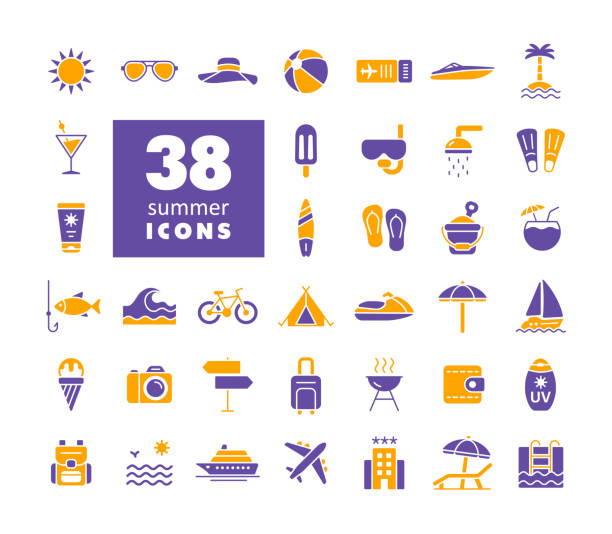 ilustrações de stock, clip art, desenhos animados e ícones de summer vector glyph icons set. summertime sign - suntan lotion symbol ice umbrella