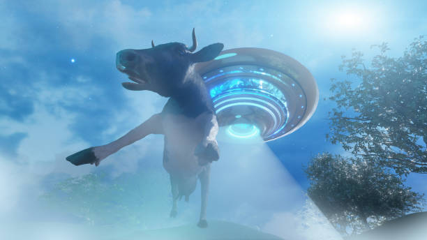 istock Cow abducted by a UFO on the farm pulling of the alien spacecraft render 3d 1330106315