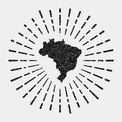 Vintage map of Brazil. Grunge sunburst around the country. Black Brazil shape with sun rays on white background. Vector illustration.