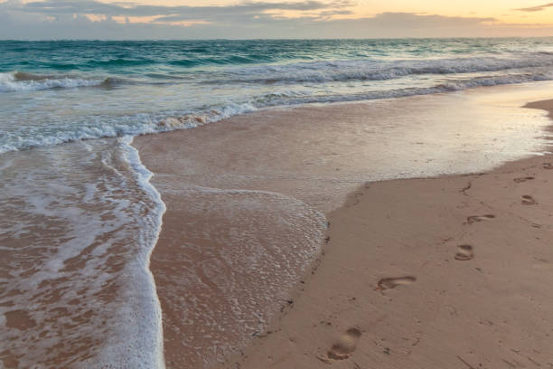 istock Colorful sunrise at the beach. Landscape with bare footprints 1330106417