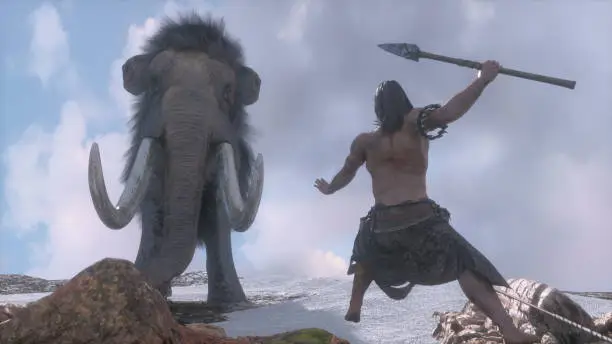 an ancient primitive caveman hunts a mammoth render 3d