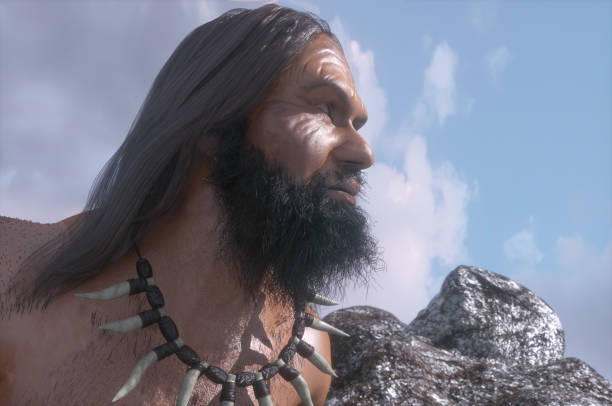 древний примитивный пещерный человек рендер 3d - neanderthal стоковые фото и изображения