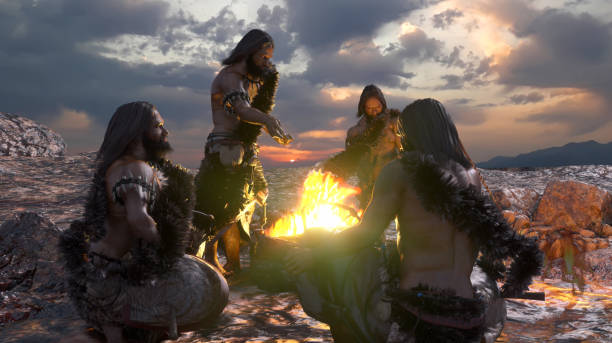 ancient cavemen people sit near a campfire render 3d - neanderthal imagens e fotografias de stock