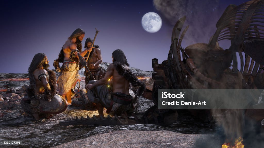 ancient cavemen people sit near a campfire render 3d Neanderthal Stock Photo