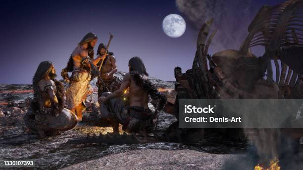 Ancient Cavemen People Sit Near A Campfire Render 3d Stock Photo - Download Image Now