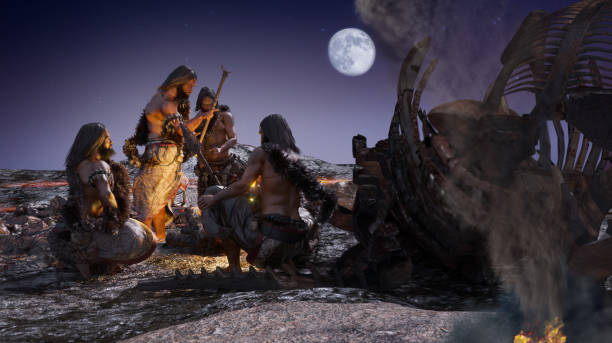 древние пещерные люди сидят возле костра рендер 3d - neanderthal стоковые фото и изображения