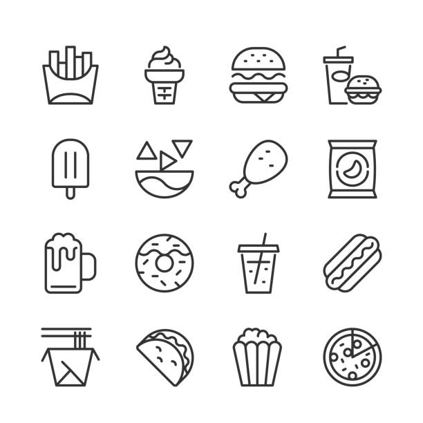 Junk Food Icons — Monoline Series Vector outline icon set appropriate for web and print applications. Designed in 48 x 48 pixel square with 2px editable stroke. Pixel perfect. pizza topping stock illustrations