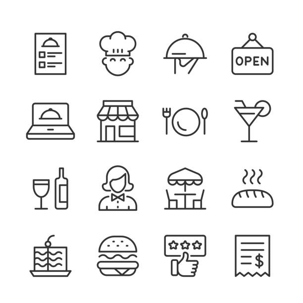 ilustraciones, imágenes clip art, dibujos animados e iconos de stock de iconos de restaurante y restaurantes 2 — serie monoline - dining burger outdoors restaurant