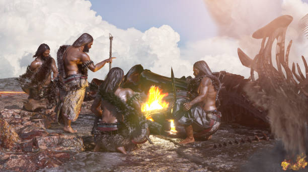 antigos homens das cavernas se sentam perto de uma fogueira render 3d - bonfire people campfire men - fotografias e filmes do acervo