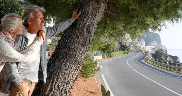 Mature couple relax under tree near coastal road