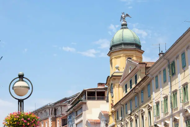 "n"nPicture of the baroque city tower, or gradski toranj, in the city center of Rijeka, Croatia, one of the landmarks of Korzo, the main streets of Rijeka.