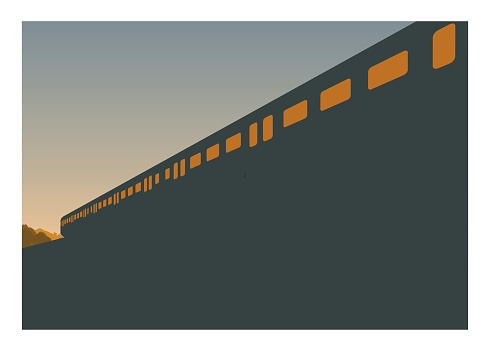 Simple illustration of commuter train with mountain background in silhouette and perspective view.