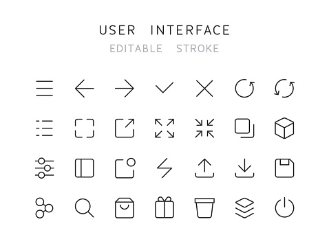 Set of user interface thin line vector icons. Editable stroke.