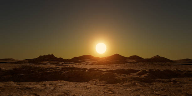 istock Glowing Sun Over 3D rendered Vast Desert Landscape 1330122803