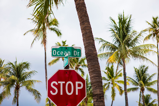 famous Ocean Drive street name sign in the city of Miami, the sunshine state Florida