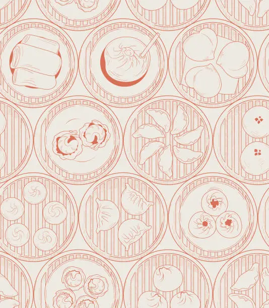 Vector illustration of The seamless pattern design. The hand-drawn Asian traditional food Dim Sum,Yang-Cha. repeatable food background design in vintage style. included steamer, buns, soup dumplings and shrimp dumplings.