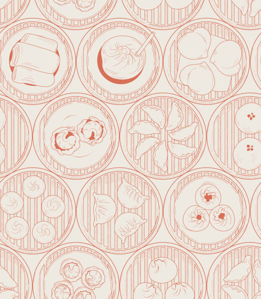 the seamless pattern design. the hand-drawn asian traditional food dim sum,yang-cha. repeatable food background design in vintage style. included steamer, buns, soup dumplings and shrimp dumplings. - hong kong 幅插畫檔、美工圖案、卡通及圖標