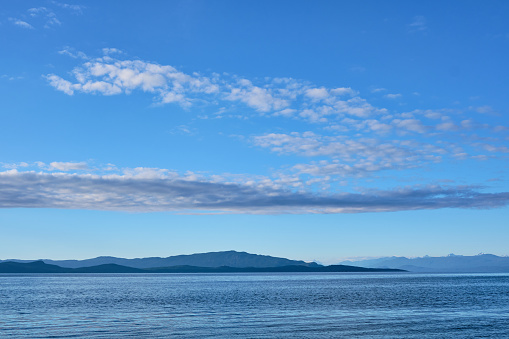 Many shades of blue:  Looking across Georgia Strait from Rathtrevor Provincial Park on Vancouver Island to the islands of Texada and Lasqueti Islands, and mainland BC