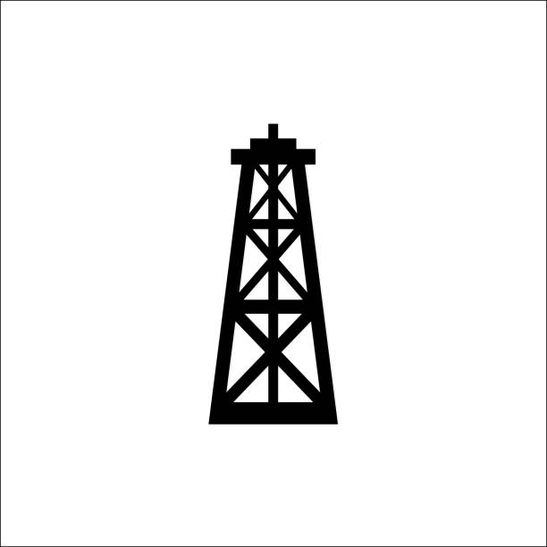 ilustraciones, imágenes clip art, dibujos animados e iconos de stock de plataforma petrolífera - icono negro en la ilustración vectorial de fondo blanco para el sitio web, aplicación móvil, presentación, infografía. signo de concepto de torre de perforación de gasolina de petróleo. elemento de diseño gráfico. - oil industry drill tower place of work