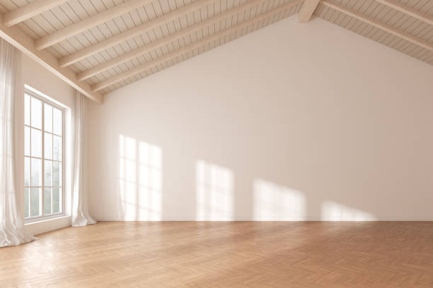istock 3d rendering of empty minimal room with wooden laminate floor. Modern interior design with window shadow on the white wall. 1330137744