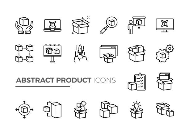 illustrations, cliparts, dessins animés et icônes de ensemble simple d’icônes de ligne vectorielle liées au produit abstrait. contient des icônes telles que recherche de produit, module, application et plus encore. - article