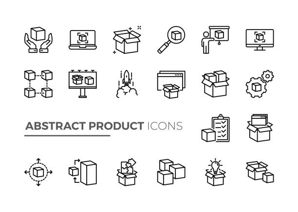 추상 제품 관련 벡터 라인 아이콘의 간단한 집합입니다. 제품 연구, 모듈, 응용 프로그램 등과 같은 아이콘이 포함되어 있습니다. - 달 착륙선 stock illustrations