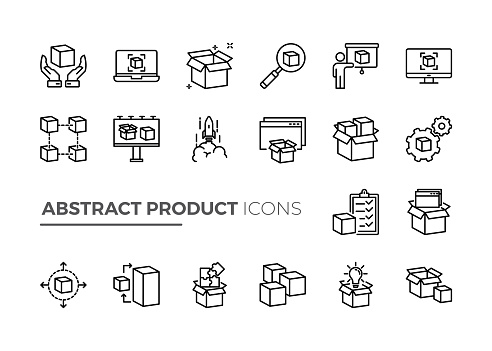 Simple Set of Abstract Product Related Vector Line Icons. Contains such Icons as Product Research, Module, Application and more.