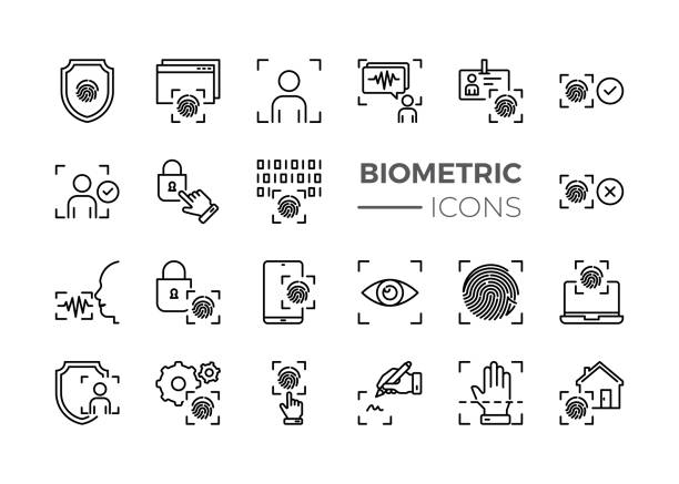 illustrations, cliparts, dessins animés et icônes de ensemble simple d’icônes de lignes vectorielles biométriques. contient des icônes telles que la reconnaissance vocale, les empreintes digitales, le cadenas, etc. - fingerprint scanner