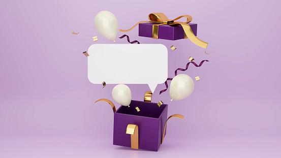 Cartel sorpresa de la caja de regalo con globos, confeti y espacio en blanco para el anuncio de texto en fondo púrpura photo