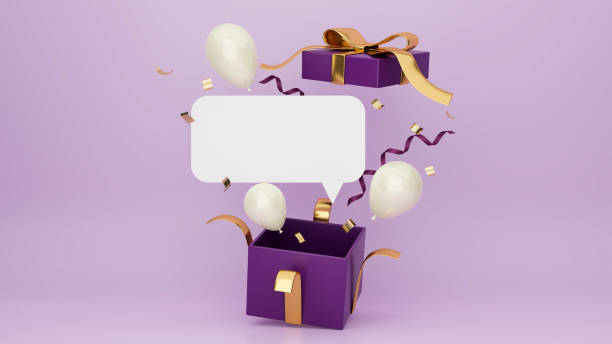 Surprise gift box poster with balloons, confetti and blank space for text advertisement in purple background Surprise gift box poster with balloons, confetti and blank space for text advertisement in purple background, Anniversary, Mega sale, Celebrate banner, 3d rendering, 3d illustration anniversary gifts stock pictures, royalty-free photos & images