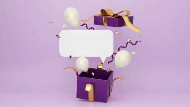 Surprise gift box poster with balloons, confetti and blank space for text advertisement in purple background, Anniversary, Mega sale, Celebrate banner, 3d rendering, 3d illustration