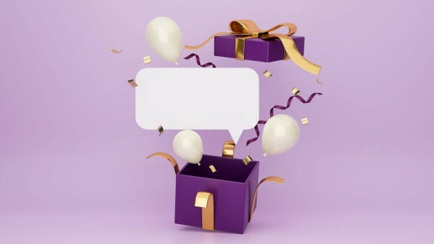 сюрприз подарочная коробка плакат с воздушными шарами, конфетти и пустым местом для текстовой рекламы на фиолетовом фоне - подарок дня рождения стоковые фото и изображения