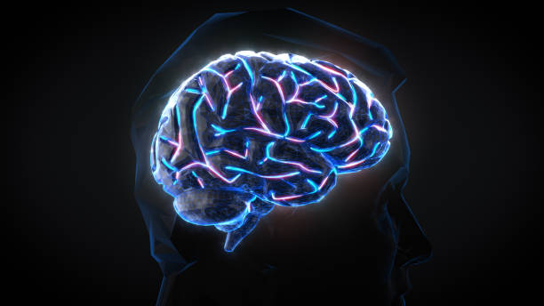 istock Human brain digital Electrical activity, flashes and lightning on a blue background. 3d rendering 1330146999