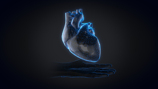 Medical futuristic vr hologram. Heart anatomy with futuristic interface. Hospital research. Futuristic hi-tech screen. Holographic medical application interface. 3D rendering