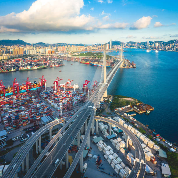 istock Drone view of Stonecutters Bridge and the Tsing sha highway at sunset 1330149449