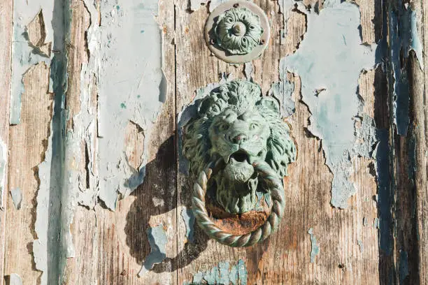 Photo of Wooden door with knocker as a lion. Surface texture. Abstract grunge bright color background with aging effect. Copyspace.