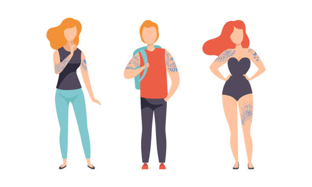 Tattooed or Inked Man and Woman in Standing Pose Vector Set Tattooed or Inked Man and Woman in Standing Pose Vector Set. Male and Female Having Indelible Design on Their Body Skin Concept woman tattoos stock illustrations