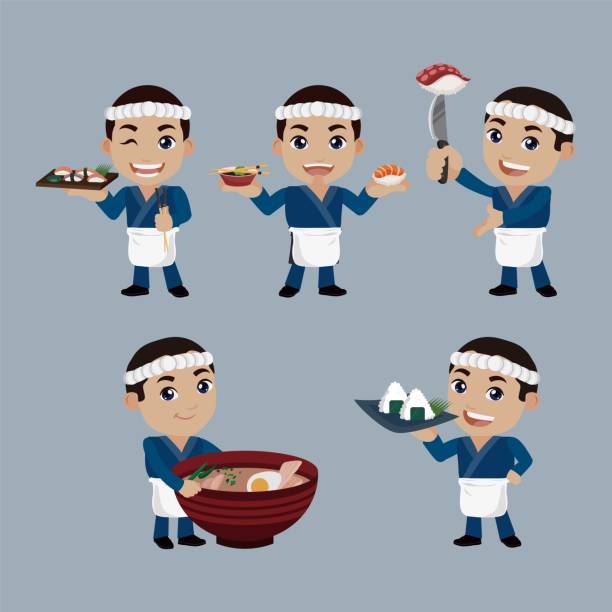 illustrazioni stock, clip art, cartoni animati e icone di tendenza di chef asiatico che tiene in mano cuoco giapponese - made in japan
