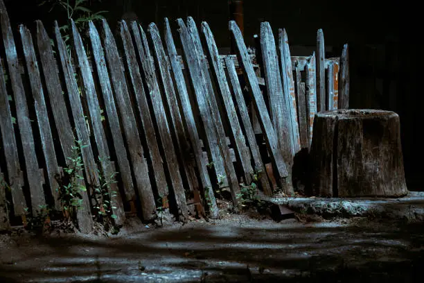 Photo of Horror concept, abstract background scary dark night with the texture of a rickety destroyed broken abandoned wooden mystical fence and tree stump with strange shadows and ghostly blue moonlight