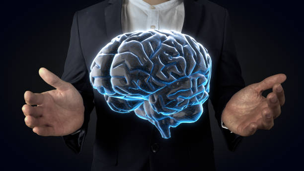 istock Human brain digital Electrical activity, flashes and lightning on a blue background. 3d rendering 1330151542
