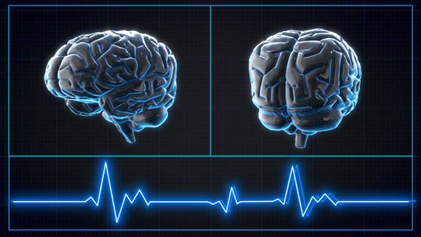 istock Human brain digital Electrical activity, flashes and lightning on a blue background. 3d rendering 1330151551