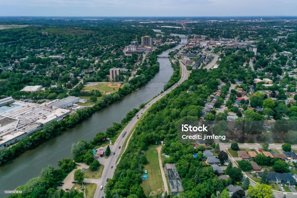 Aerial Grand River and Cityscape in Galt, Cambridge, Ontario, Canada Ontario, Canada. Ontario - Canada Stock Photo