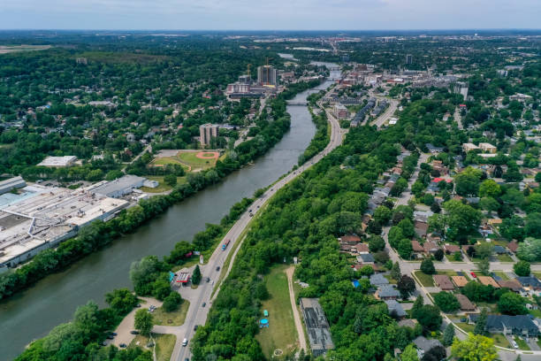 Aerial Grand River and Cityscape in Galt, Cambridge, Ontario, Canada Ontario, Canada. kitchener ontario photos stock pictures, royalty-free photos & images